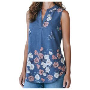 SJS Sleeveless Blouse Blue Floral Split Neck Petite XL